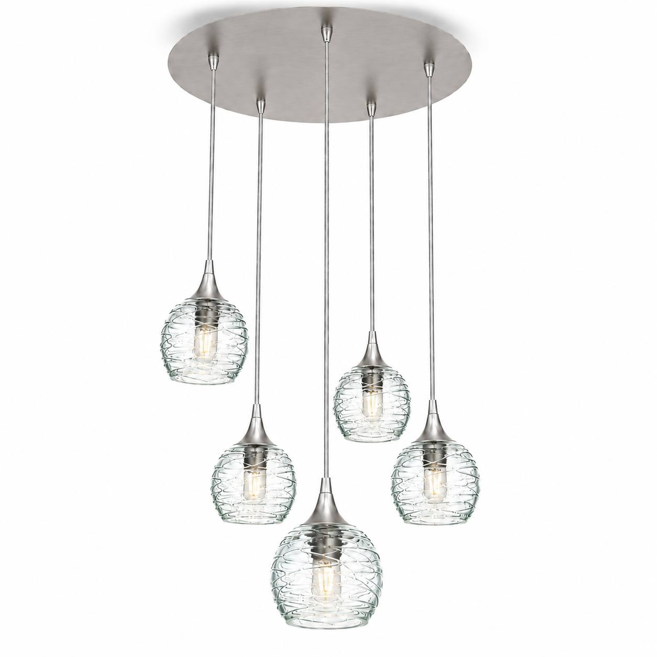 763 5 Pendant Cascade Chandelier-Bicycle Glass Co-Brushed Nickel - 4ft Cord-Spun-Eco Clear-Bicycle Glass Co