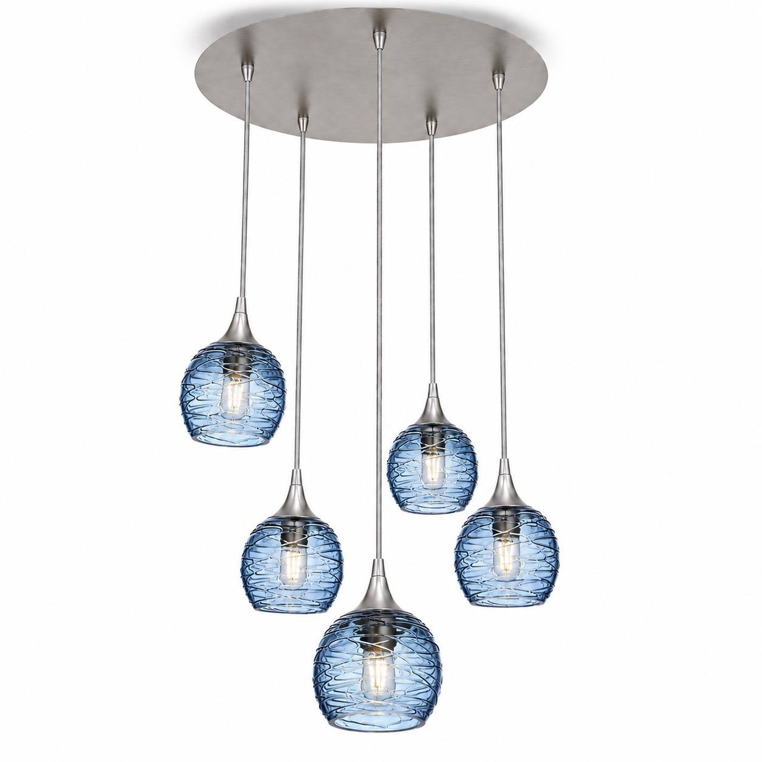 763 5 Pendant Cascade Chandelier-Bicycle Glass Co-Brushed Nickel - 4ft Cord-Spun-Steel Blue-Bicycle Glass Co