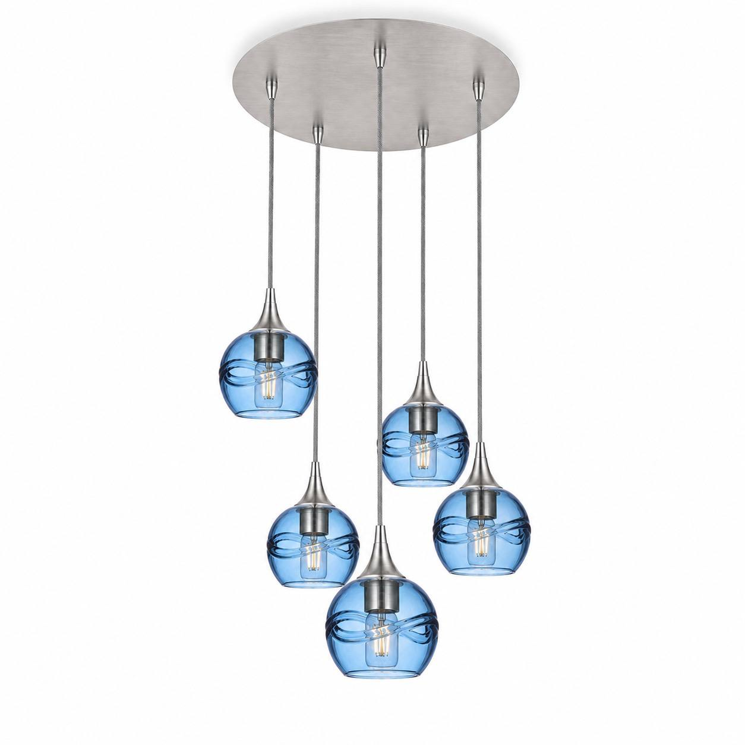 763 5 Pendant Cascade Chandelier-Bicycle Glass Co-Brushed Nickel - 4ft Cord-Swell-Steel Blue-Bicycle Glass Co
