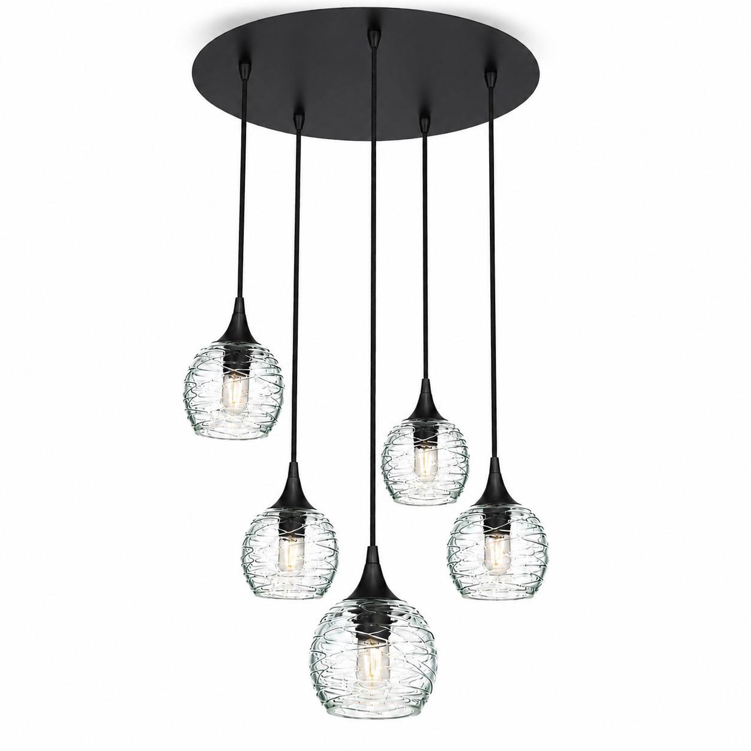 763 5 Pendant Cascade Chandelier-Bicycle Glass Co-Matte Black - 4ft Cord-Spun-Eco Clear-Bicycle Glass Co