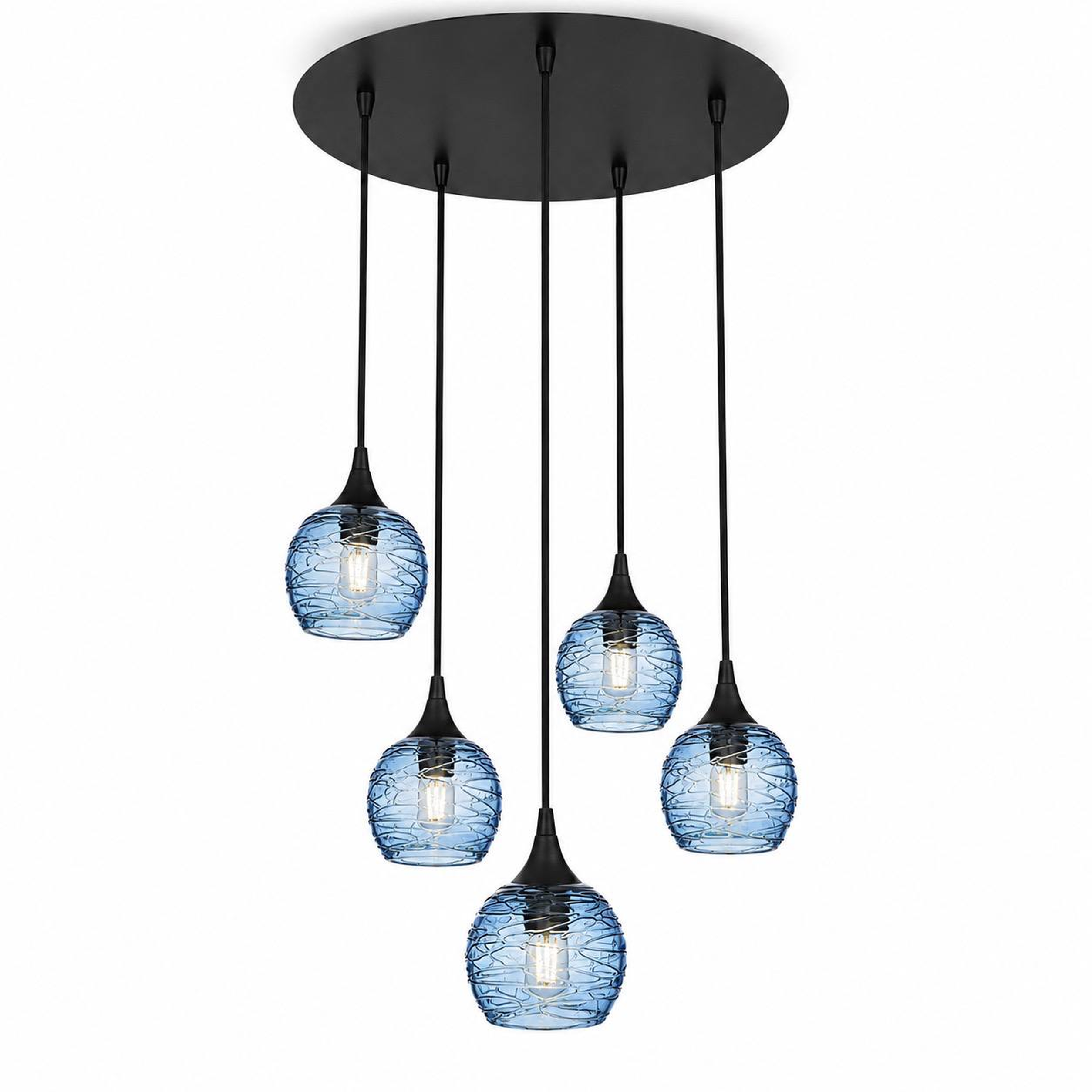 763 5 Pendant Cascade Chandelier-Bicycle Glass Co-Matte Black - 4ft Cord-Spun-Steel Blue-Bicycle Glass Co