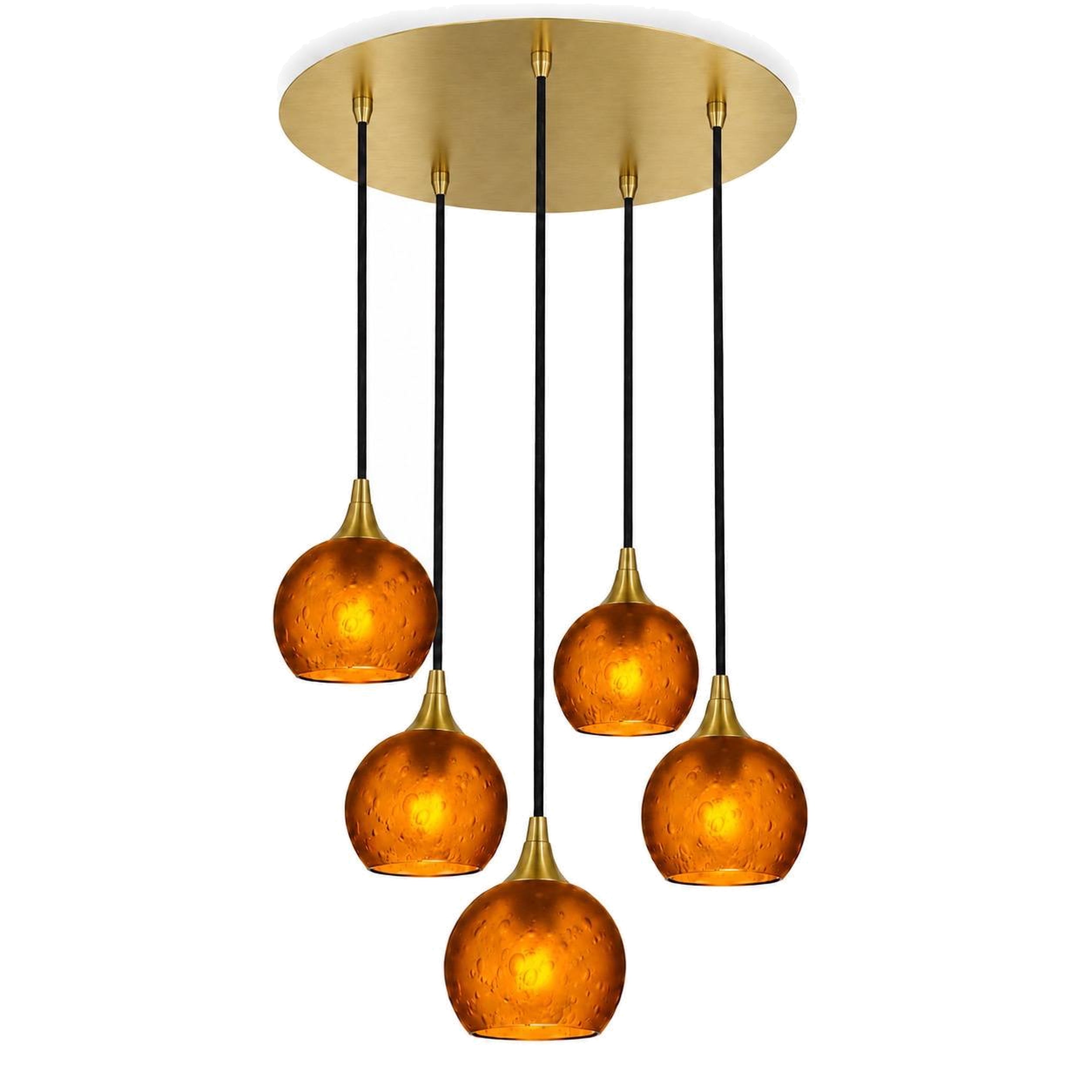 763 5 Pendant Cascade Chandelier-Bicycle Glass Co-Polished Brass - 4ft Cord-Celestial-Golden Amber-Bicycle Glass Co