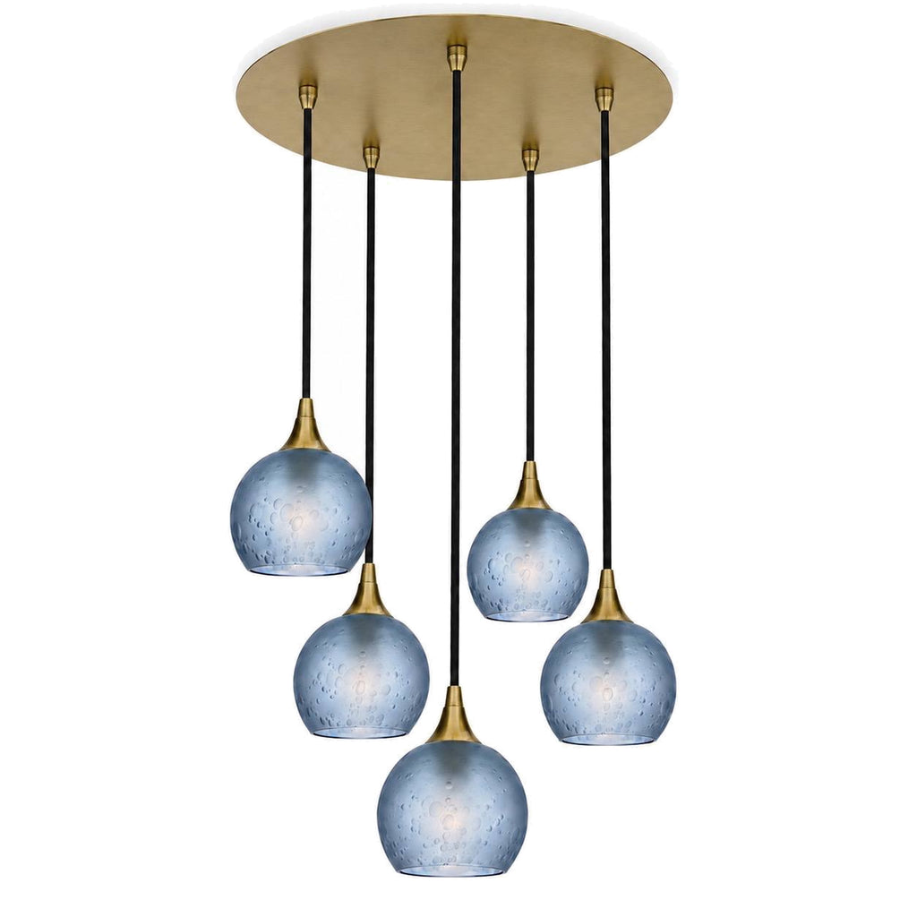 763 5 Pendant Cascade Chandelier-Bicycle Glass Co-Polished Brass - 4ft Cord-Celestial-Steel Blue-Bicycle Glass Co