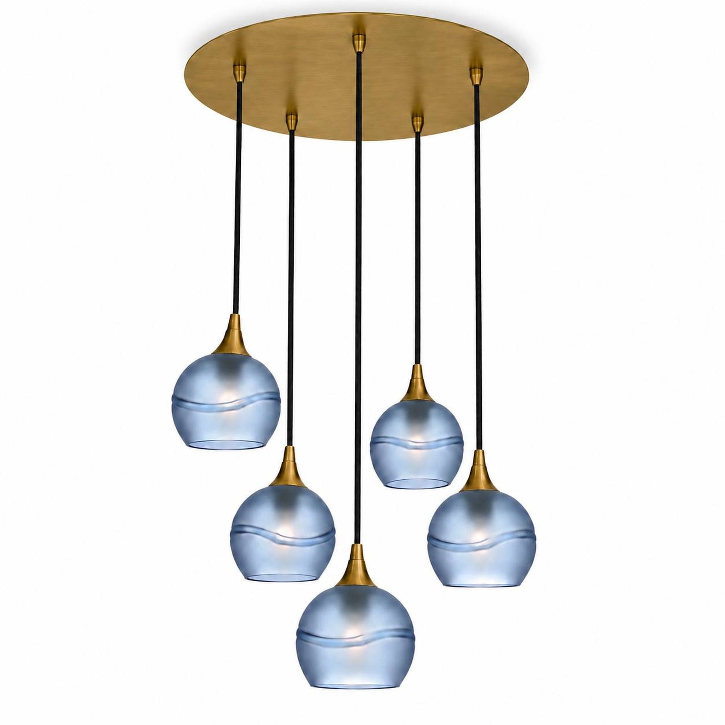 763 5 Pendant Cascade Chandelier-Bicycle Glass Co-Polished Brass - 4ft Cord-Glacial-Steel Blue-Bicycle Glass Co