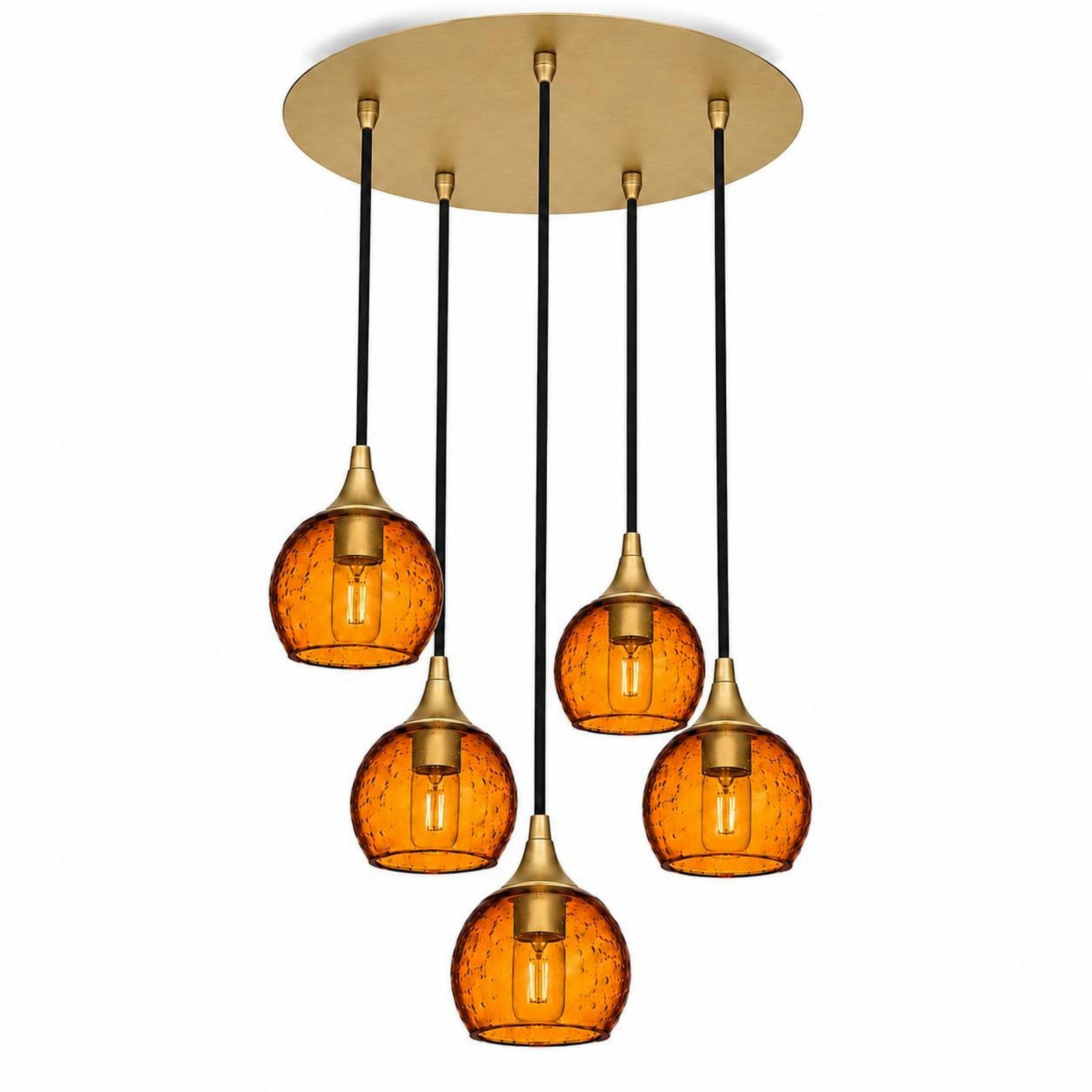 763 5 Pendant Cascade Chandelier-Bicycle Glass Co-Polished Brass - 4ft Cord-Lunar-Golden Amber-Bicycle Glass Co