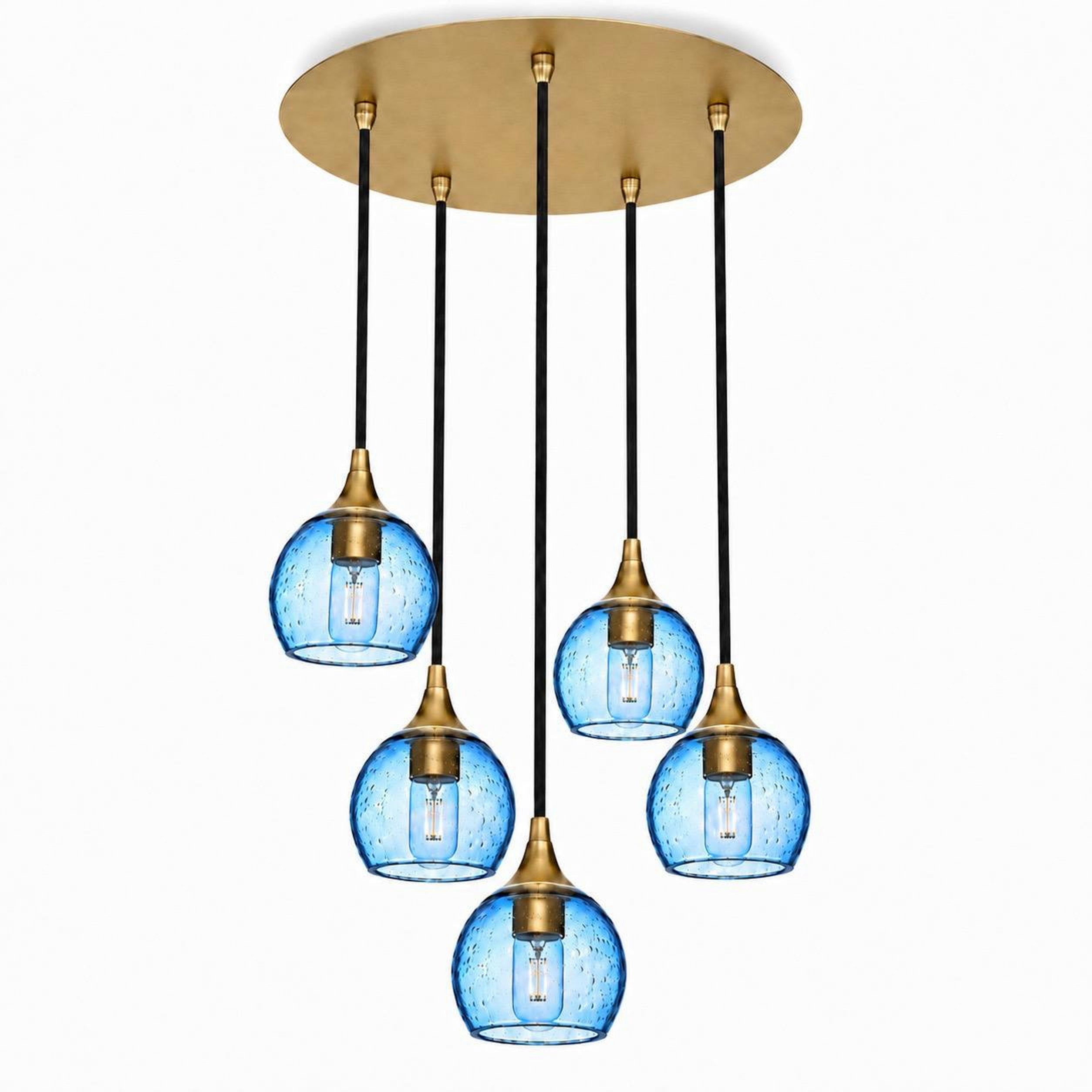 763 5 Pendant Cascade Chandelier-Bicycle Glass Co-Polished Brass - 4ft Cord-Lunar-Steel Blue-Bicycle Glass Co