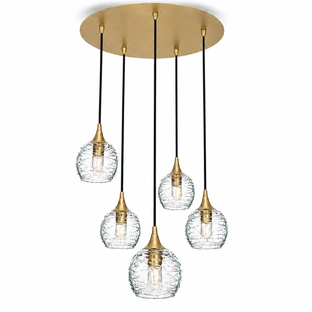 763 5 Pendant Cascade Chandelier-Bicycle Glass Co-Polished Brass - 4ft Cord-Spun-Eco Clear-Bicycle Glass Co