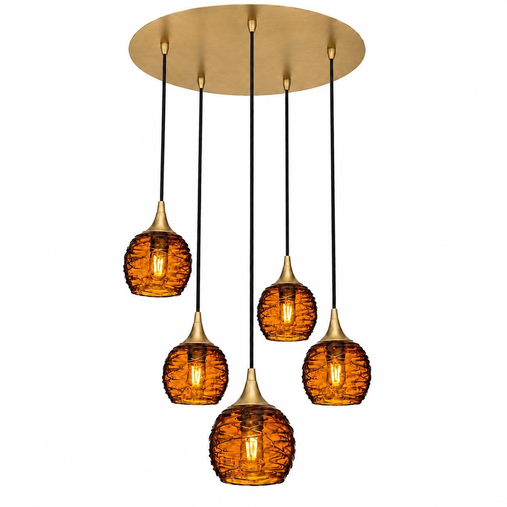 763 5 Pendant Cascade Chandelier-Bicycle Glass Co-Polished Brass - 4ft Cord-Spun-Golden Amber-Bicycle Glass Co