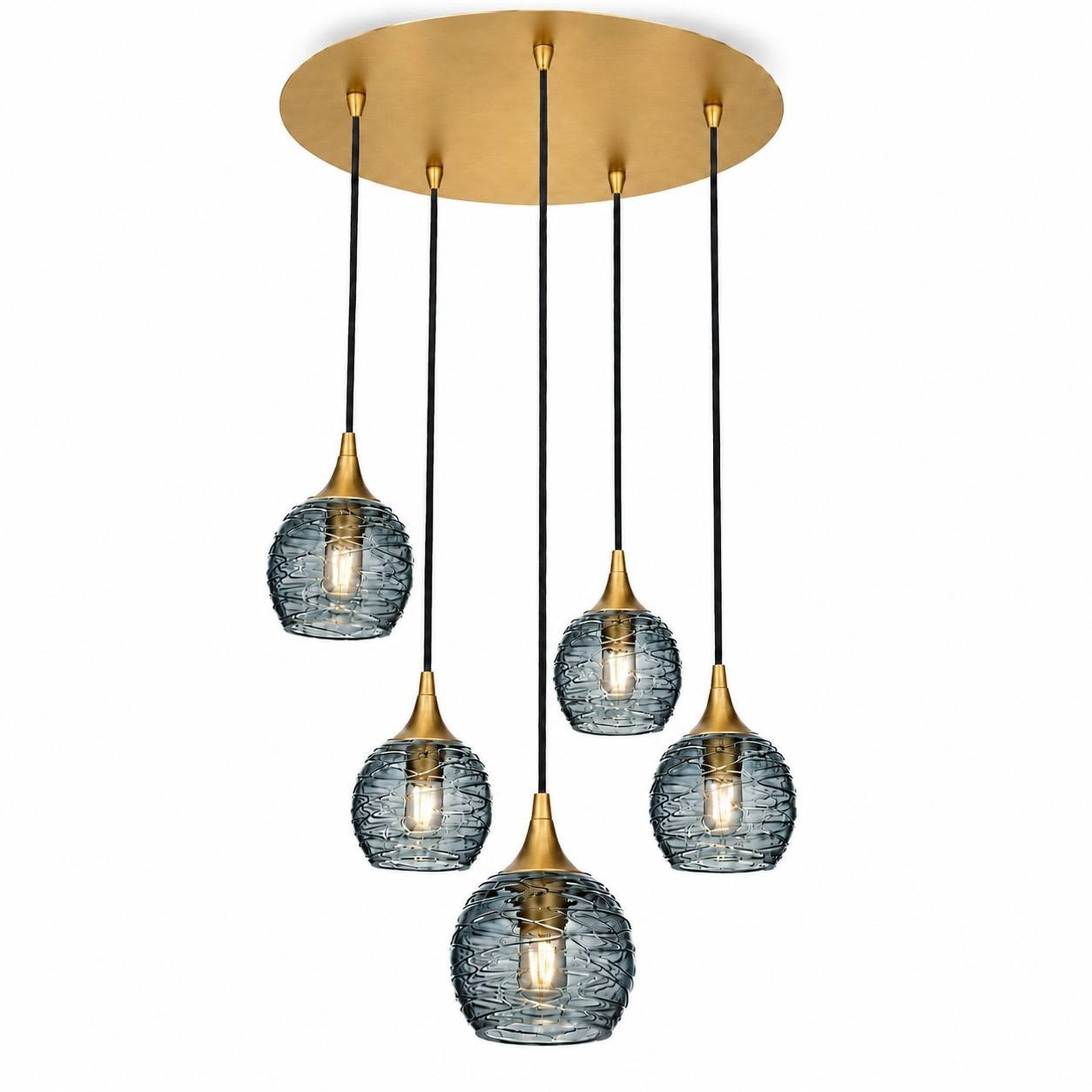 763 5 Pendant Cascade Chandelier-Bicycle Glass Co-Polished Brass - 4ft Cord-Spun-Slate Gray-Bicycle Glass Co