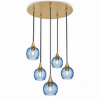 763 5 Pendant Cascade Chandelier-Bicycle Glass Co-Polished Brass - 4ft Cord-Spun-Steel Blue-Bicycle Glass Co