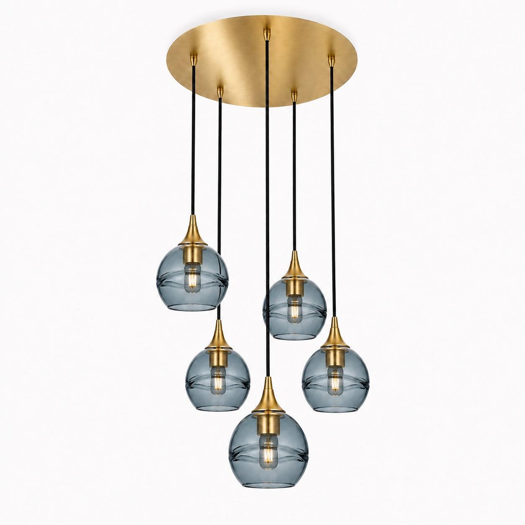 763 5 Pendant Cascade Chandelier-Bicycle Glass Co-Polished Brass - 4ft Cord-Swell-Slate Gray-Bicycle Glass Co