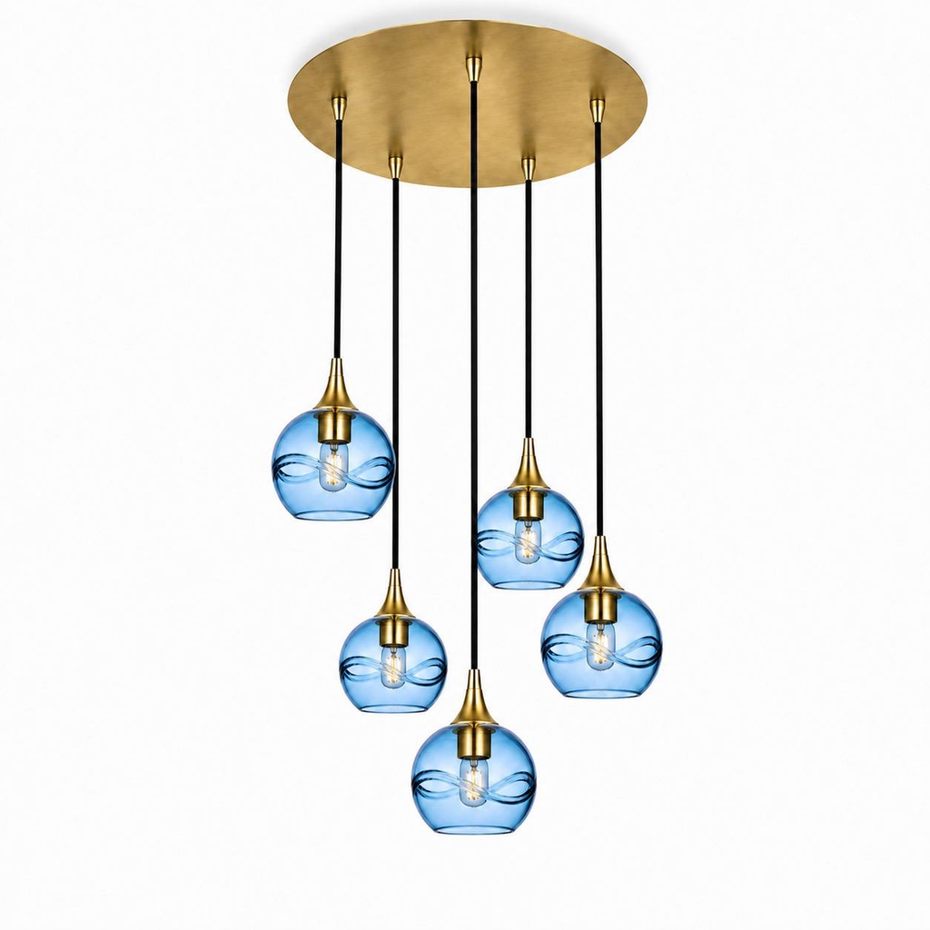 763 5 Pendant Cascade Chandelier-Bicycle Glass Co-Polished Brass - 4ft Cord-Swell-Steel Blue-Bicycle Glass Co