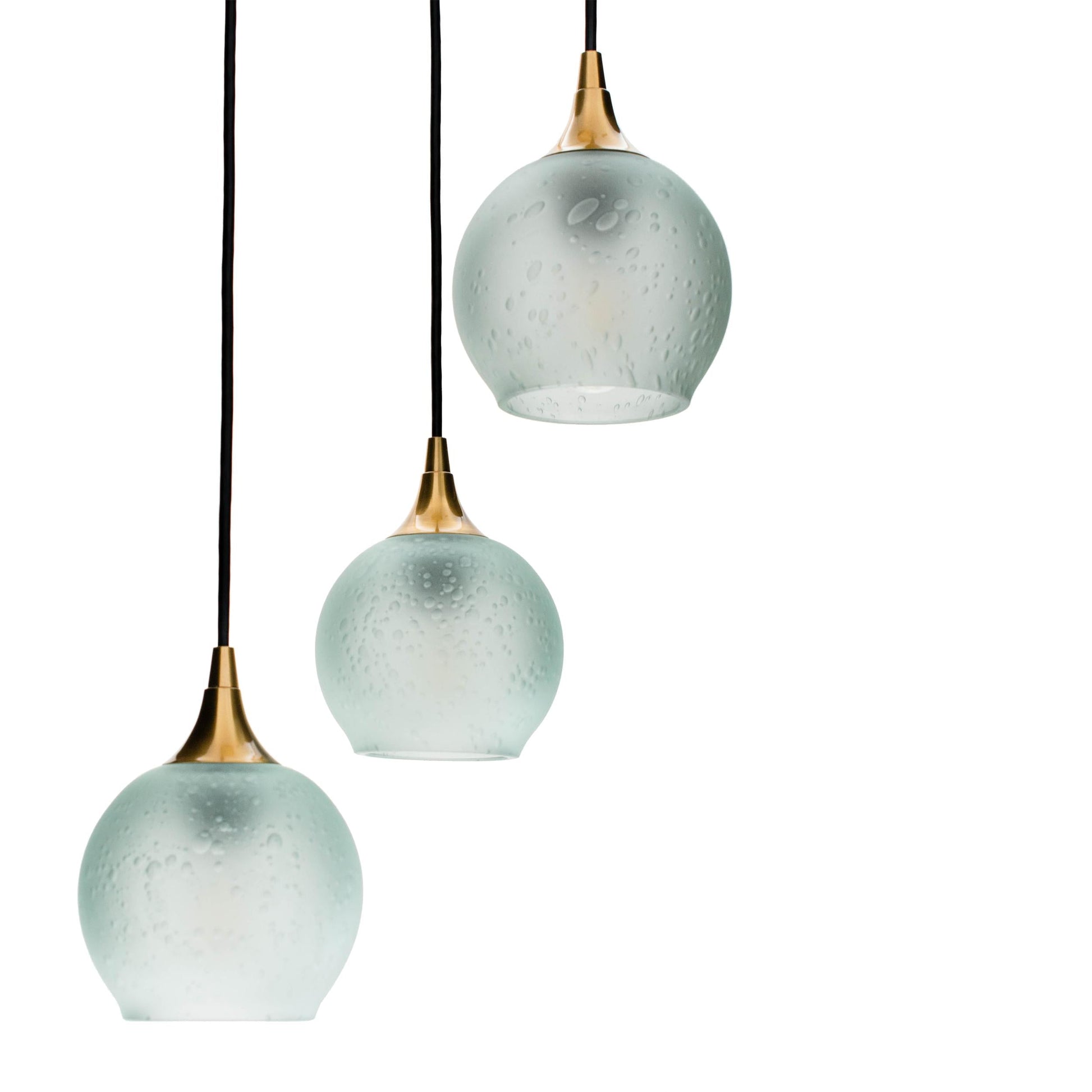 Bicycle Glass Co. 763 Celestial 3 Pendant Cascade Chandelier in Eco Clear with Polished Brass Hardware Detail