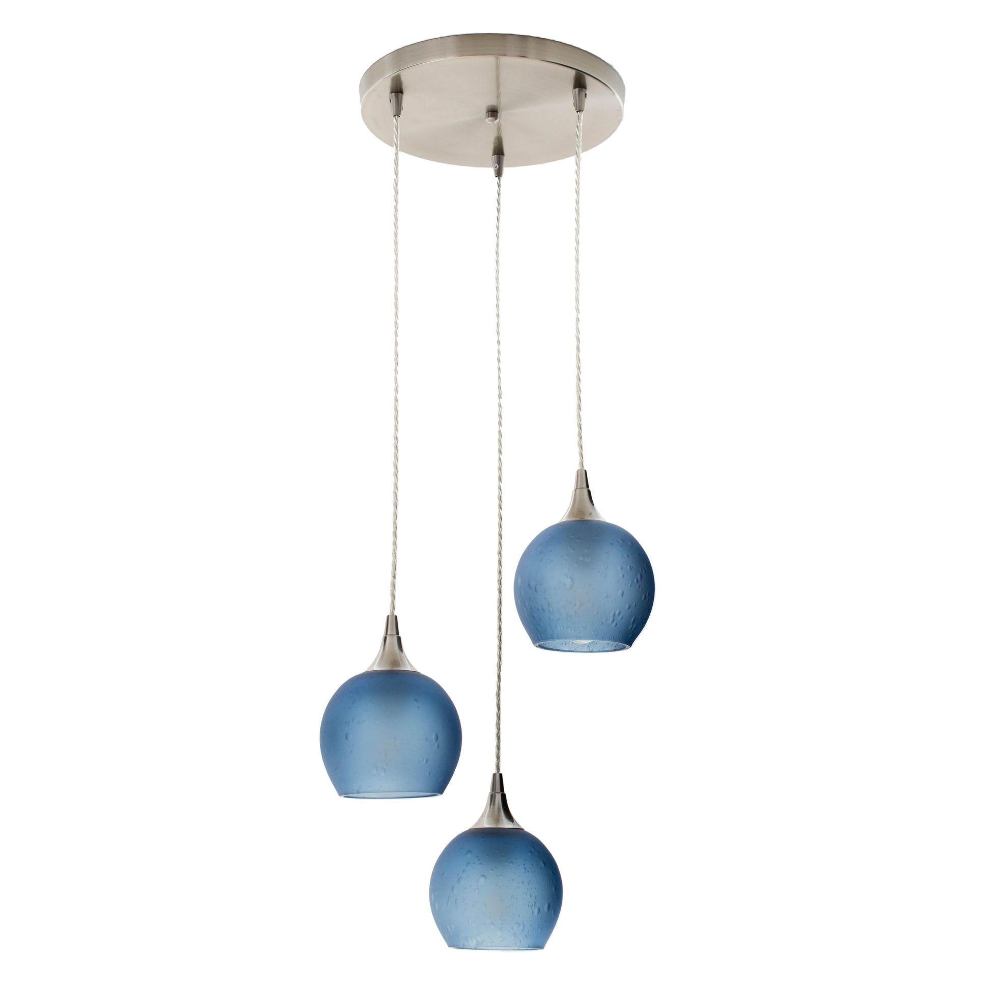 Bicycle Glass Co. 763 Celestial 3 Pendant Cascade Chandelier in Steel Blue with Brushed Nickel Hardware