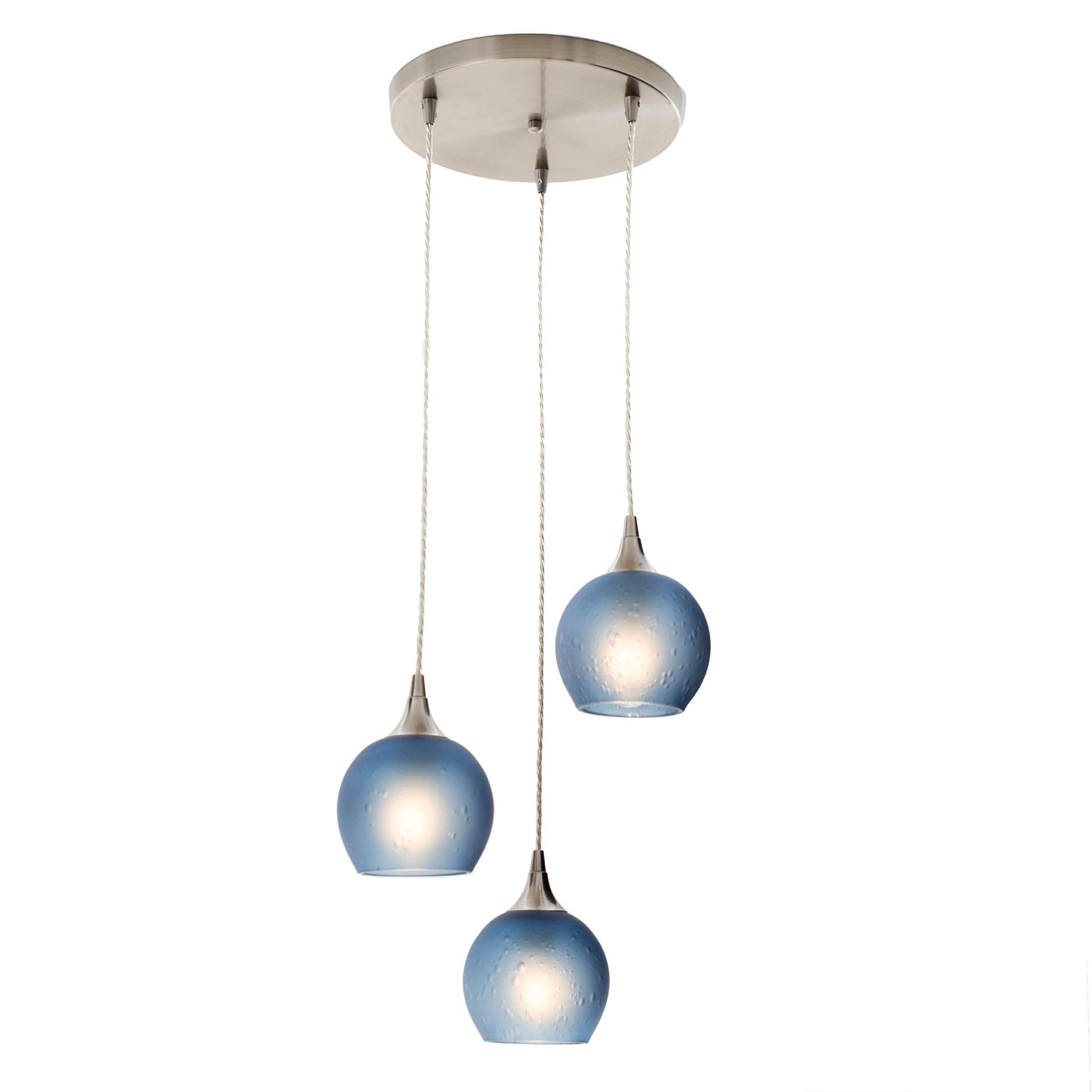 Bicycle Glass Co. 763 Celestial 3 Pendant Cascade Chandelier in Steel Blue with Brushed Nickel Hardware