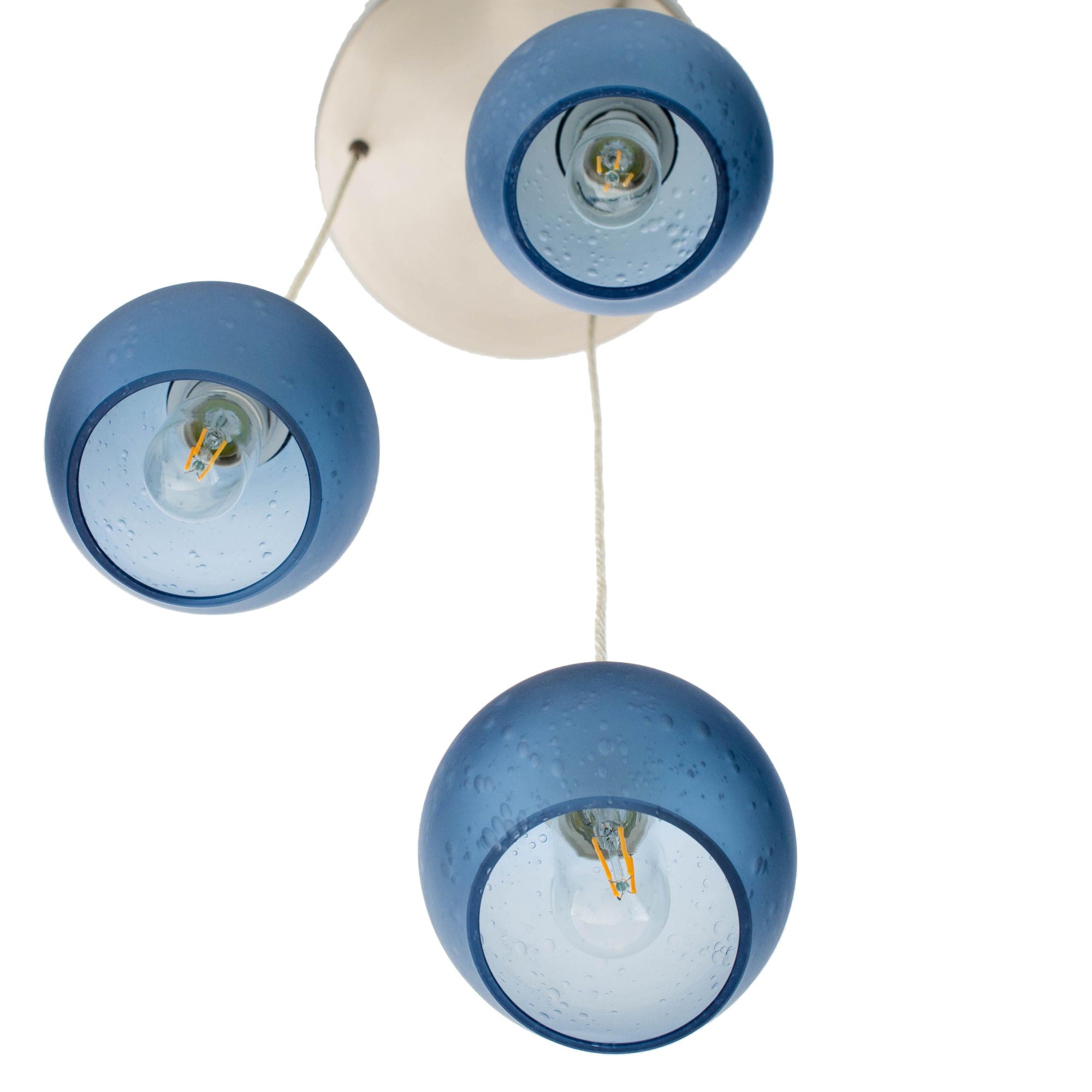 Bicycle Glass Co. 763 Celestial 3 Pendant Cascade Chandelier in Steel Blue with Brushed Nickel Hardware Detail