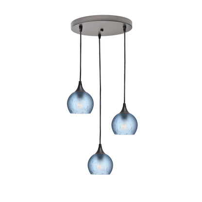 763 Celestial: 3 Pendant Cascade Chandelier-Glass-Bicycle Glass Co - Hotshop-Steel Blue-Antique Bronze-Bicycle Glass Co