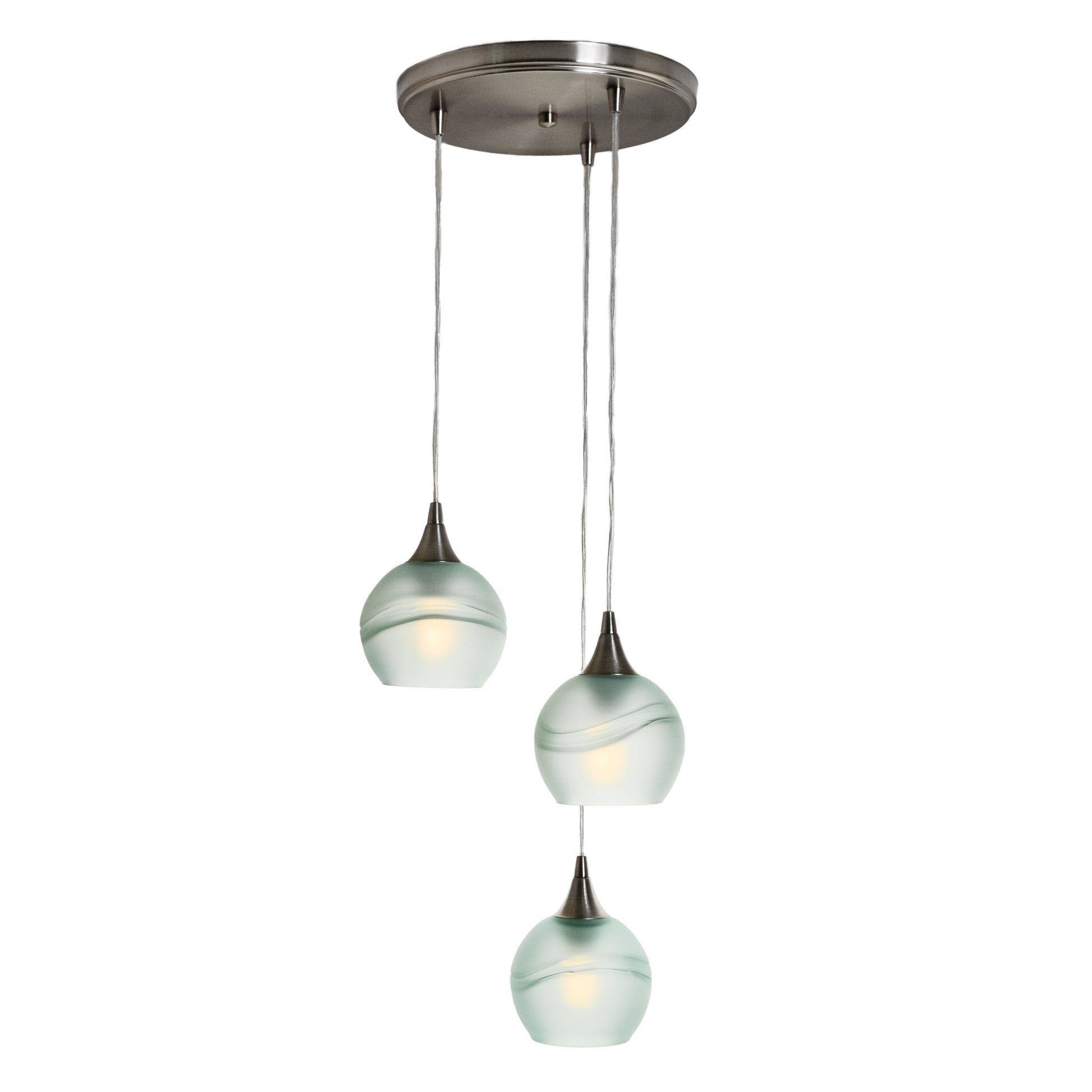 Bicycle Glass Co 763 Glacial: 3 Pendant Cascade Chandelier, Eco Clear Glass, Brushed Nickel Hardware, Light Bulbs On