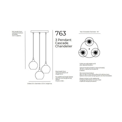 Maximum Hanging Height with standard 4 feet cords, 53 inches from ceiling to bottom of shade. 48 inches of cord per port. Minimum Hanging Height with standard 4ft cords, 3 inches minimum height for cord. 12 inch diameter canopy plate. Shade is 6 inches in diameter by 5 inches tall. Cord length comes standard at 4 feet of cord per port and can be cut to length during installation. 