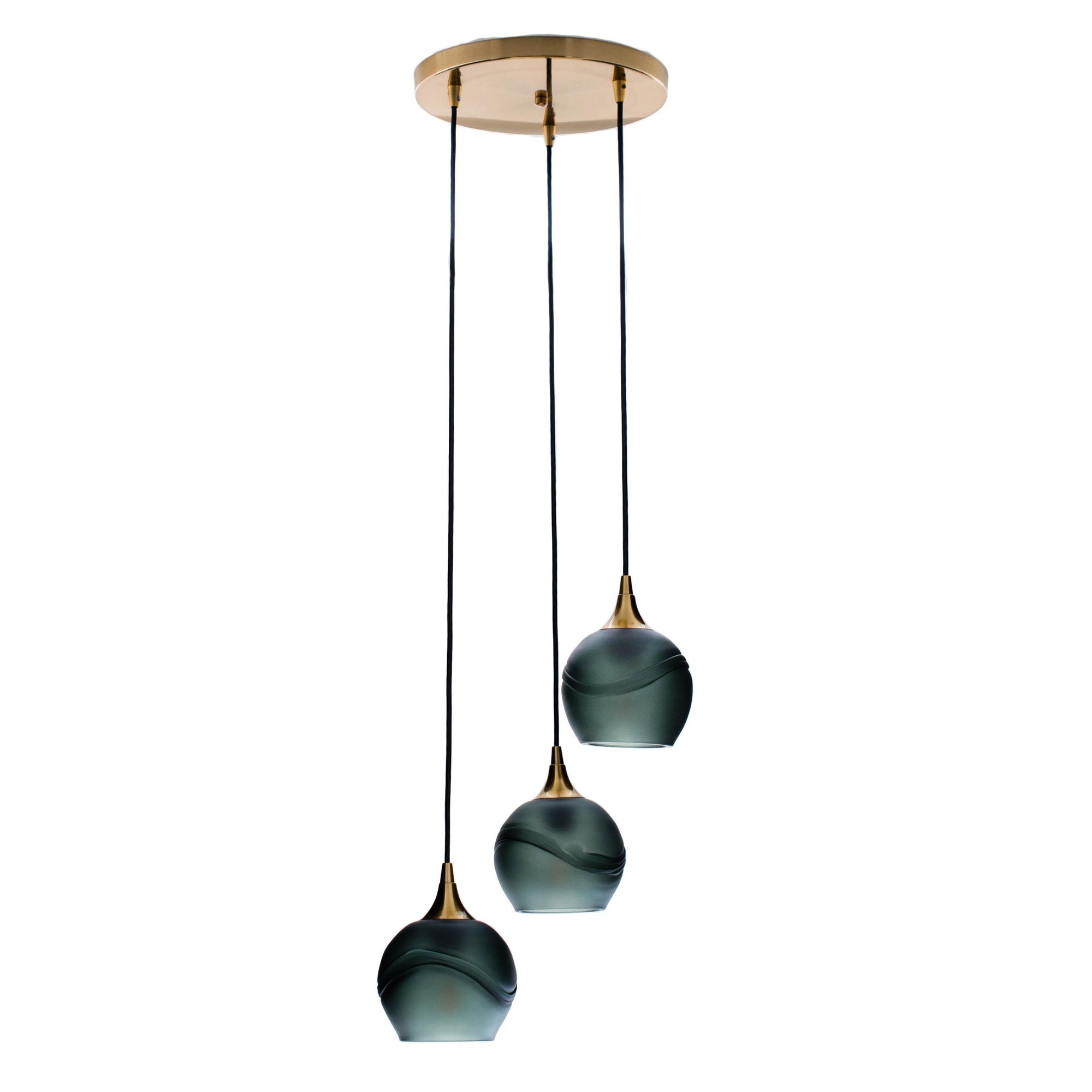 Bicycle Glass Co 763 Glacial: 3 Pendant Cascade Chandelier, Slate Gray Glass, Polished Brass Hardware, Light Bulbs Off