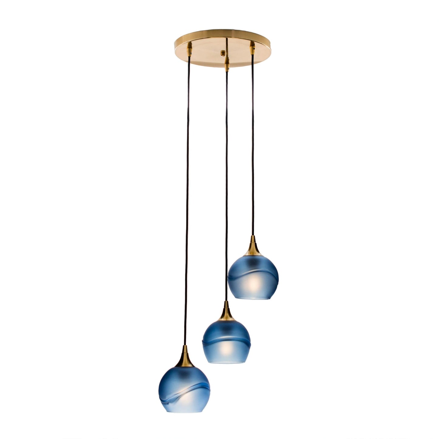Bicycle Glass Co 763 Glacial: 3 Pendant Cascade Chandelier, Steel Blue Glass, Polished Brass Hardware, Light Bulbs On