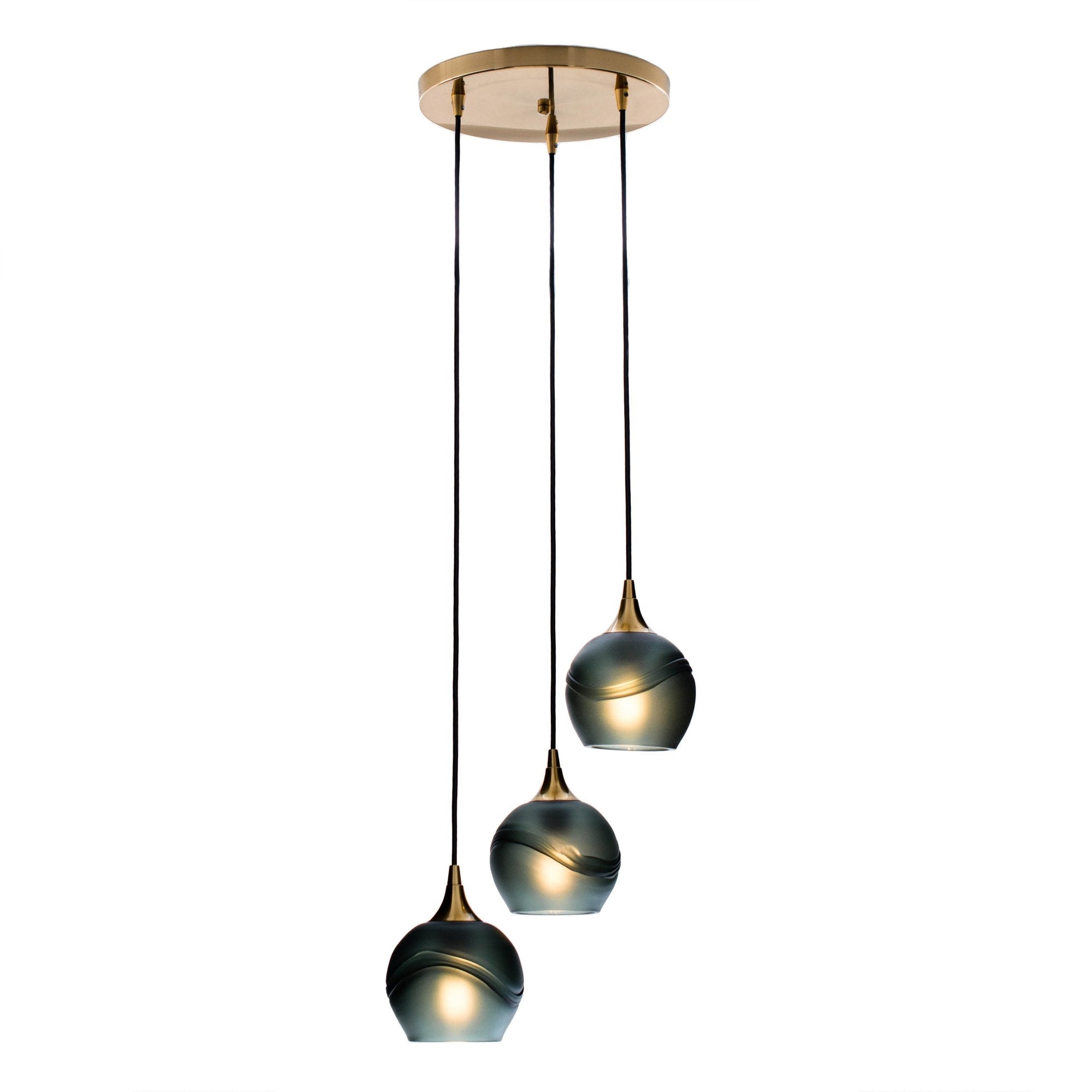 Bicycle Glass Co 763 Glacial: 3 Pendant Cascade Chandelier, Slate Gray Glass, Polished Brass Hardware