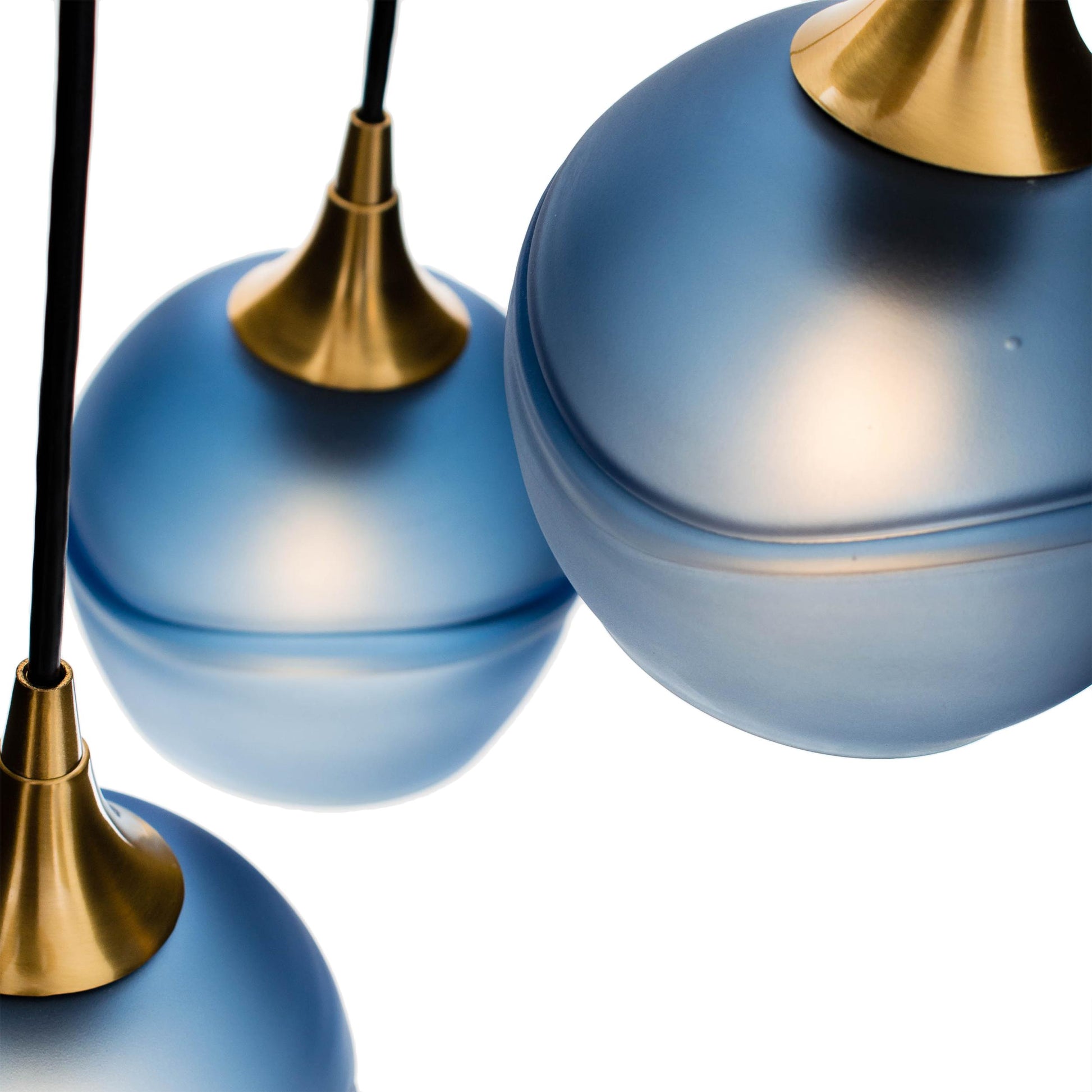 Bicycle Glass Co 763 Glacial: 3 Pendant Cascade Chandelier, Steel Blue Glass, Polished Brass Hardware, Detail Shot, Light Bulbs On
