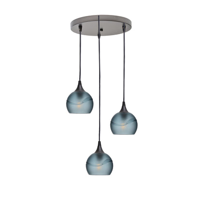 763 Glacial: 3 Pendant Cascade Chandelier-Glass-Bicycle Glass Co - Hotshop-Slate Gray-Antique Bronze-Bicycle Glass Co