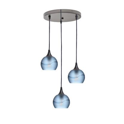 763 Glacial: 3 Pendant Cascade Chandelier-Glass-Bicycle Glass Co - Hotshop-Steel Blue-Antique Bronze-Bicycle Glass Co