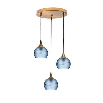 763 Glacial: 3 Pendant Cascade Chandelier-Glass-Bicycle Glass Co - Hotshop-Steel Blue-Polished Brass-Bicycle Glass Co