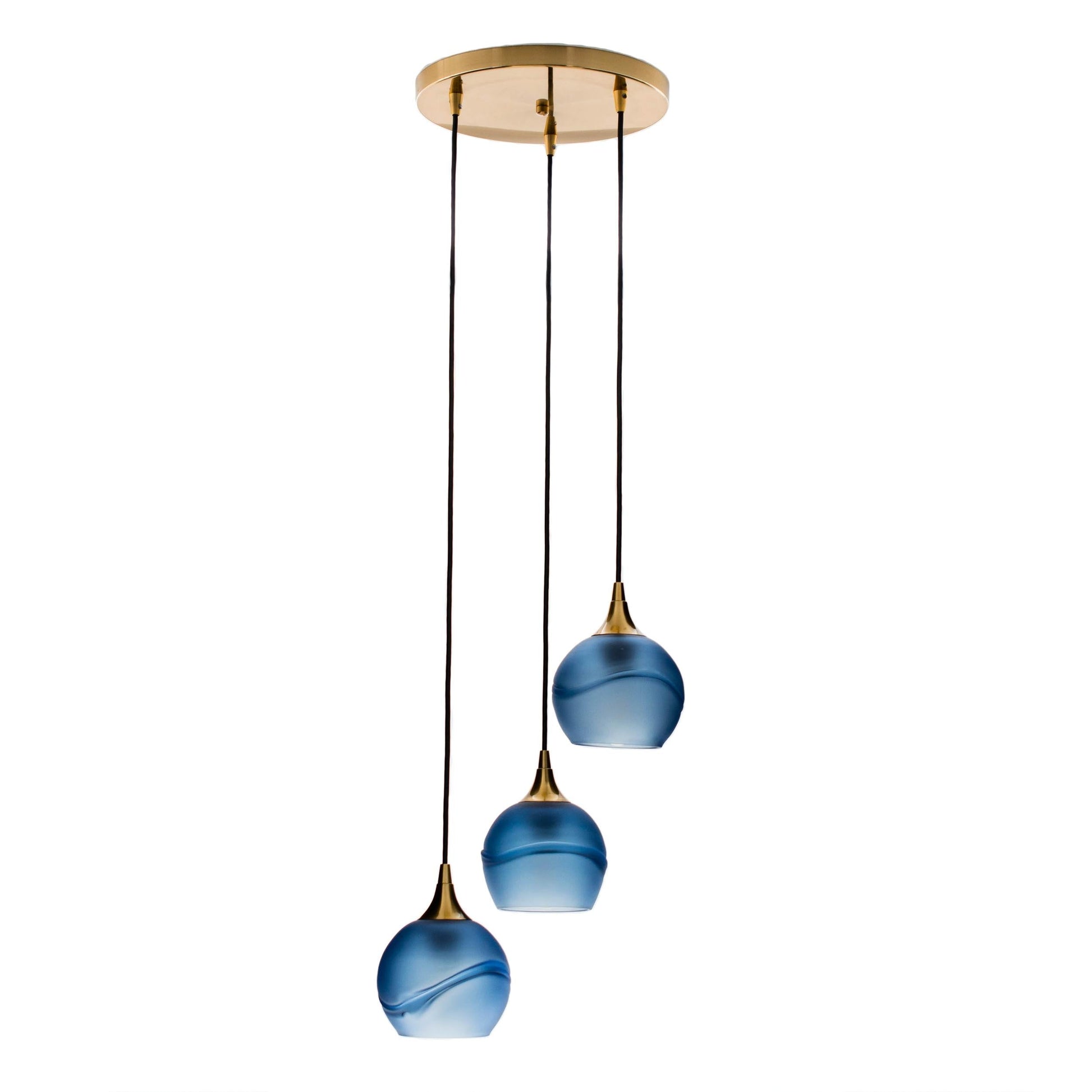 Bicycle Glass Co 763 Glacial: 3 Pendant Cascade Chandelier, Steel Blue Glass, Polished Brass Hardware, Light Bulbs Off