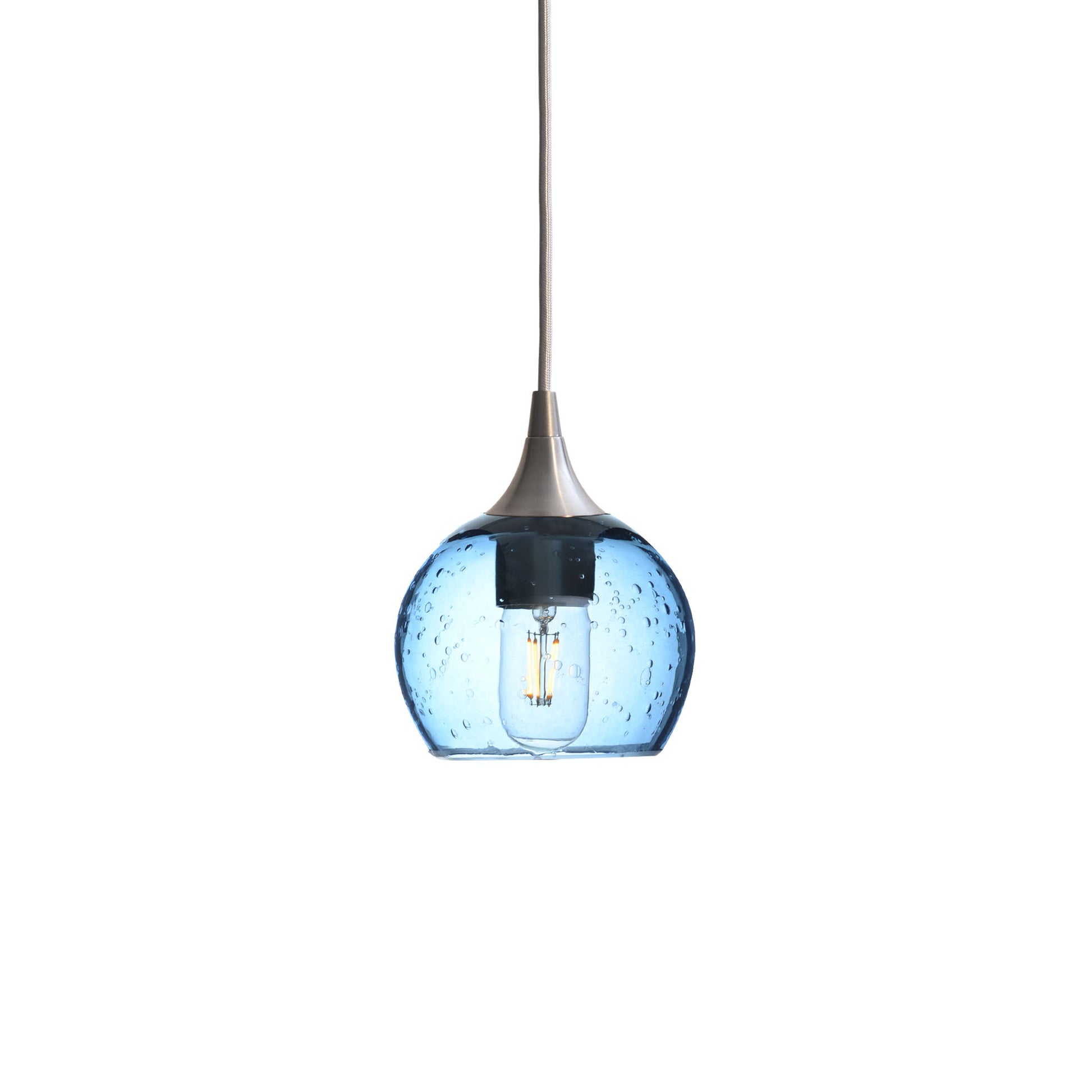 763 Single Pendant Light-Bicycle Glass Co-Brushed Nickel 15ft Cord + Track Mount-Lunar-Steel Blue-Bicycle Glass Co