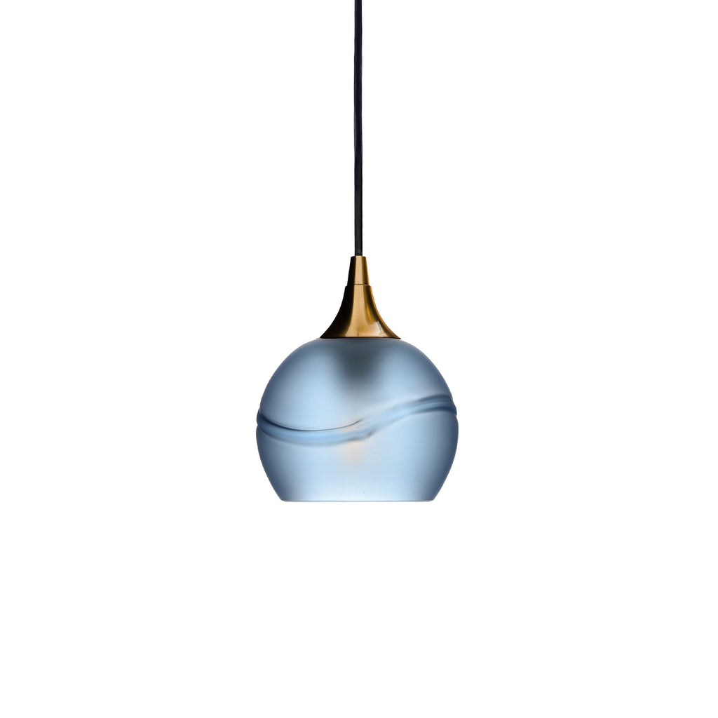 763 Single Pendant Light-Bicycle Glass Co-Polished Brass 15ft Cord + Track Mount-Glacial-Steel Blue-Bicycle Glass Co