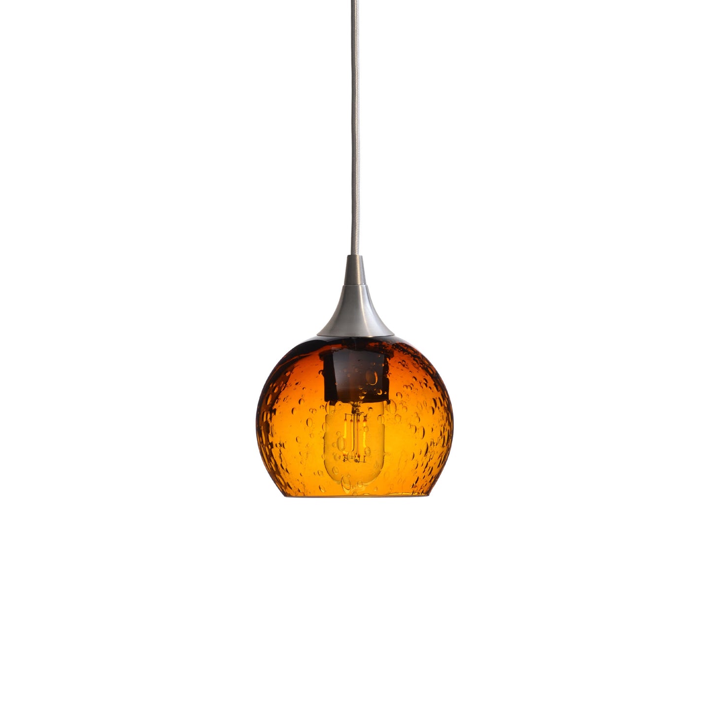 763 Single Pendant Light-Bicycle Glass Co-Brushed Nickel 15ft Cord + Track Mount-Lunar-Golden Amber-Bicycle Glass Co