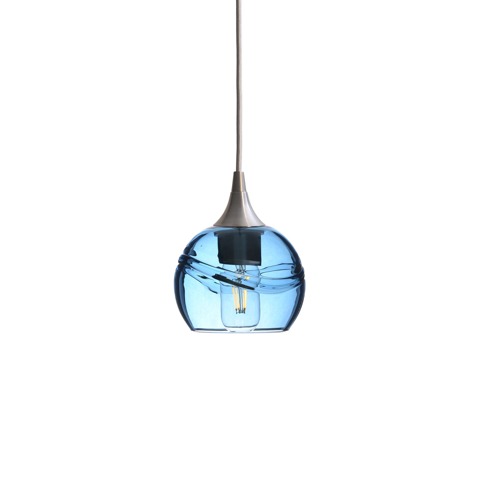 763 Single Pendant Light-Bicycle Glass Co-Brushed Nickel 15ft Cord + Track Mount-Swell-Steel Blue-Bicycle Glass Co