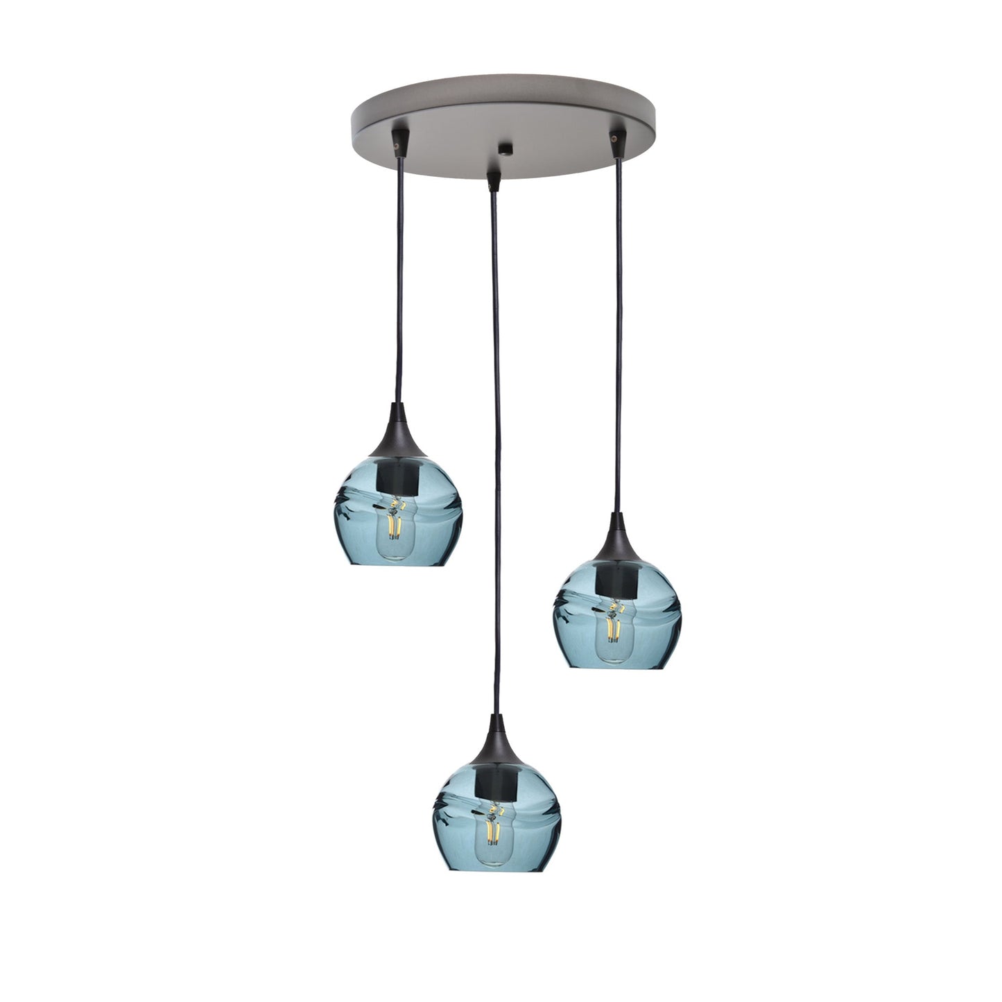 763 Swell: 3 Pendant Cascade Chandelier-Glass-Bicycle Glass Co - Hotshop-Steel Blue-Matte Black-Bicycle Glass Co