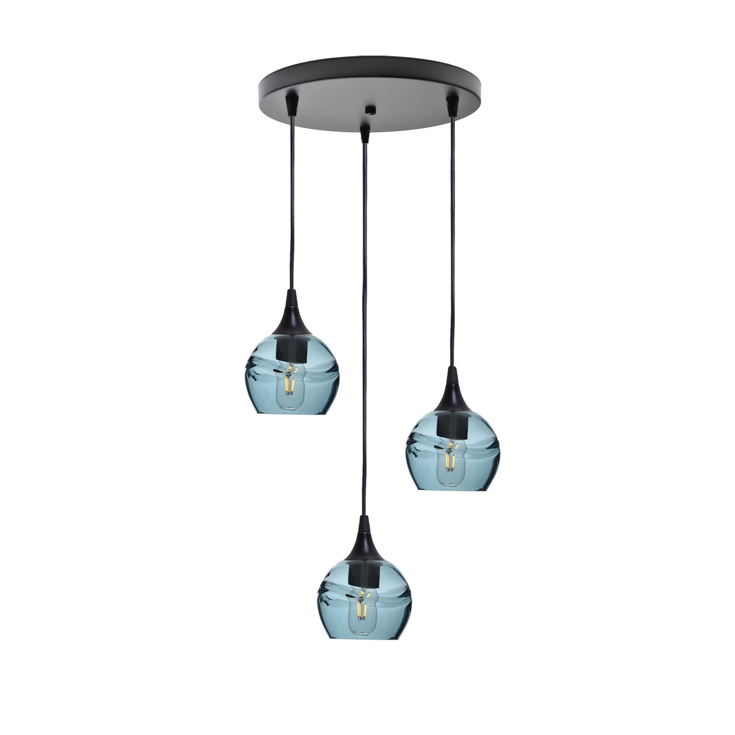 763 Swell: 3 Pendant Cascade Chandelier-Glass-Bicycle Glass Co - Hotshop-Steel Blue-Matte Black-Bicycle Glass Co
