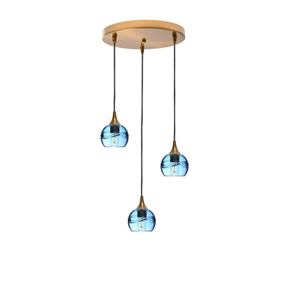 763 Swell: 3 Pendant Cascade Chandelier-Glass-Bicycle Glass Co - Hotshop-Steel Blue-Polished Brass-Bicycle Glass Co