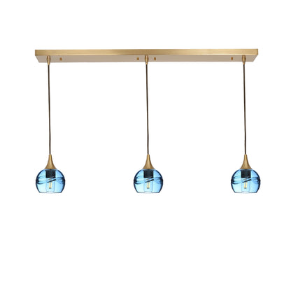 763 Swell: 3 Pendant Linear Chandelier-Glass-Bicycle Glass Co - Hotshop-Steel Blue-Polished Brass-Bicycle Glass Co