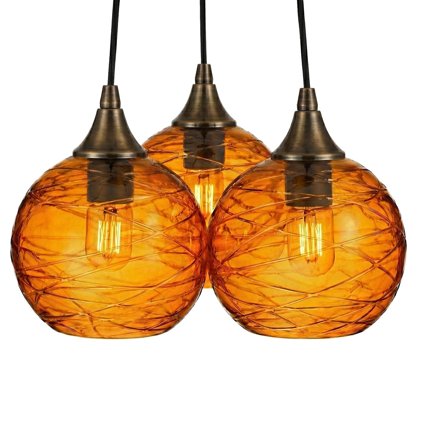767 3 Cluster Chandelier-Glass-Bicycle Glass Co - Hotshop-Antique Bronze - 4ft Cord-Spun-Golden Amber-Bicycle Glass Co