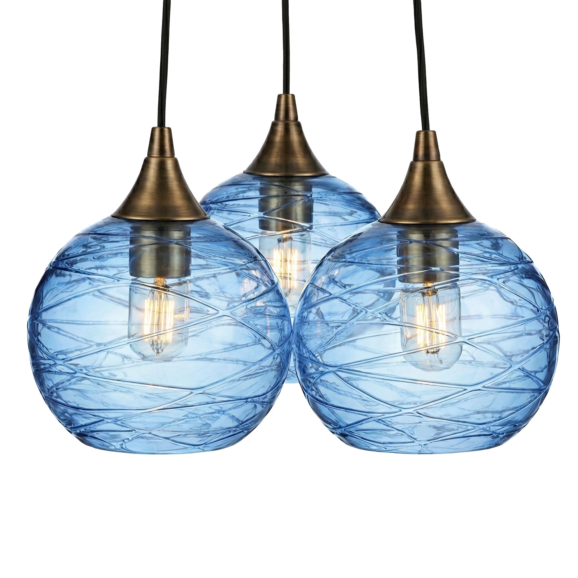 767 3 Cluster Chandelier-Glass-Bicycle Glass Co - Hotshop-Antique Bronze - 4ft Cord-Spun-Steel Blue-Bicycle Glass Co