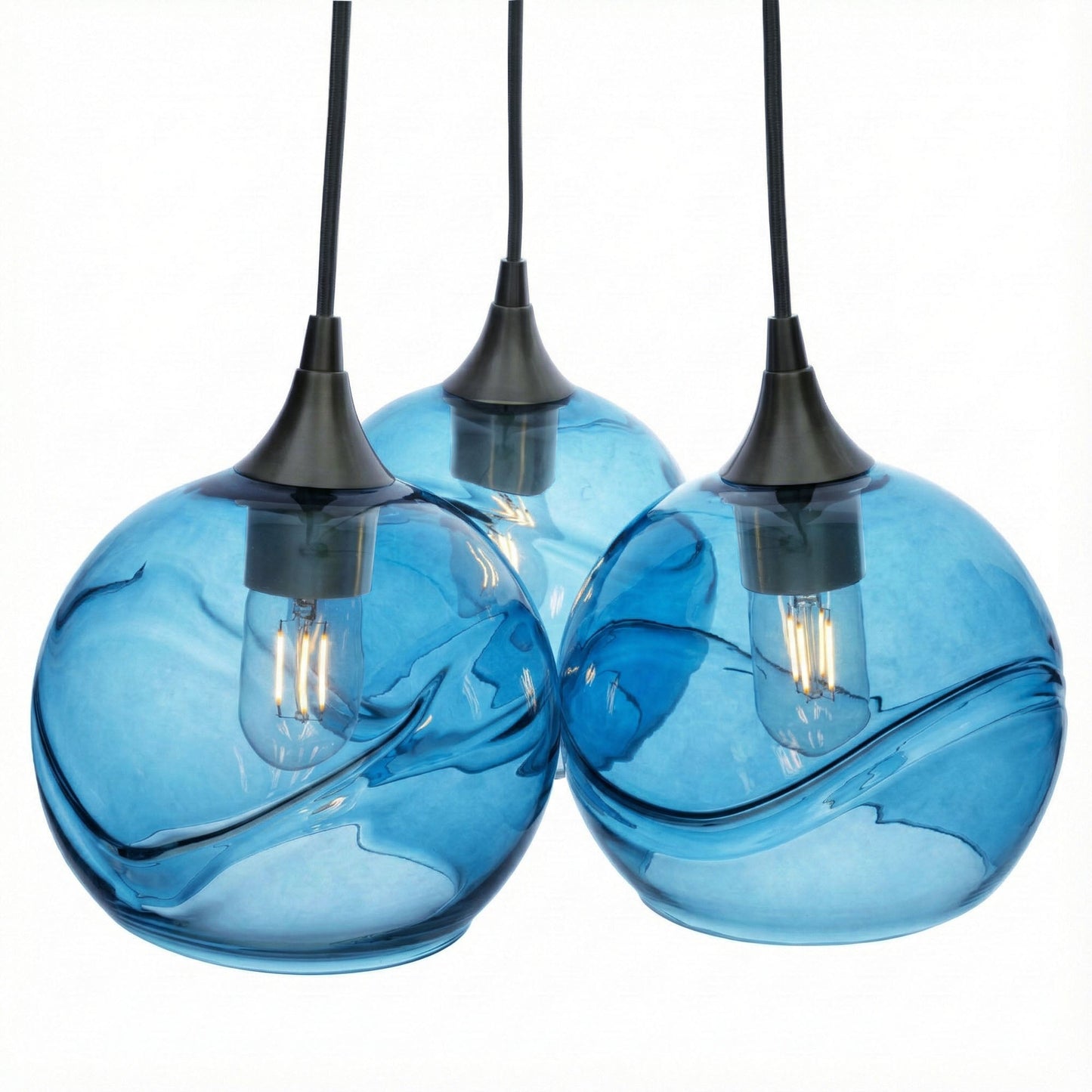 767 3 Cluster Chandelier-Glass-Bicycle Glass Co - Hotshop-Antique Bronze - 4ft Cord-Swell-Steel Blue-Bicycle Glass Co