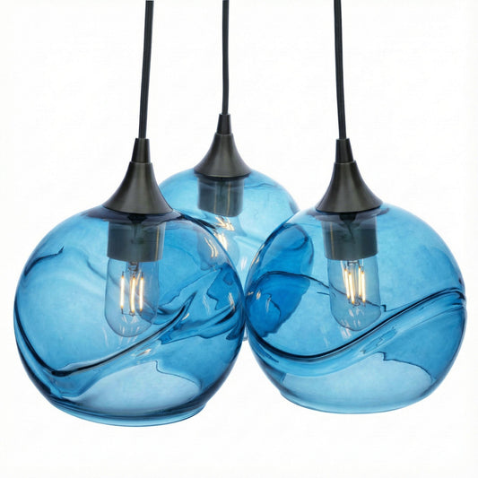 767 3 Cluster Chandelier-Glass-Bicycle Glass Co - Hotshop-Antique Bronze - 4ft Cord-Swell-Steel Blue-Bicycle Glass Co