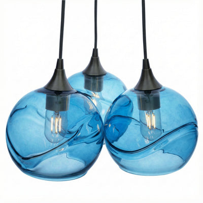 767 3 Cluster Chandelier-Glass-Bicycle Glass Co - Hotshop-Antique Bronze - 4ft Cord-Swell-Steel Blue-Bicycle Glass Co