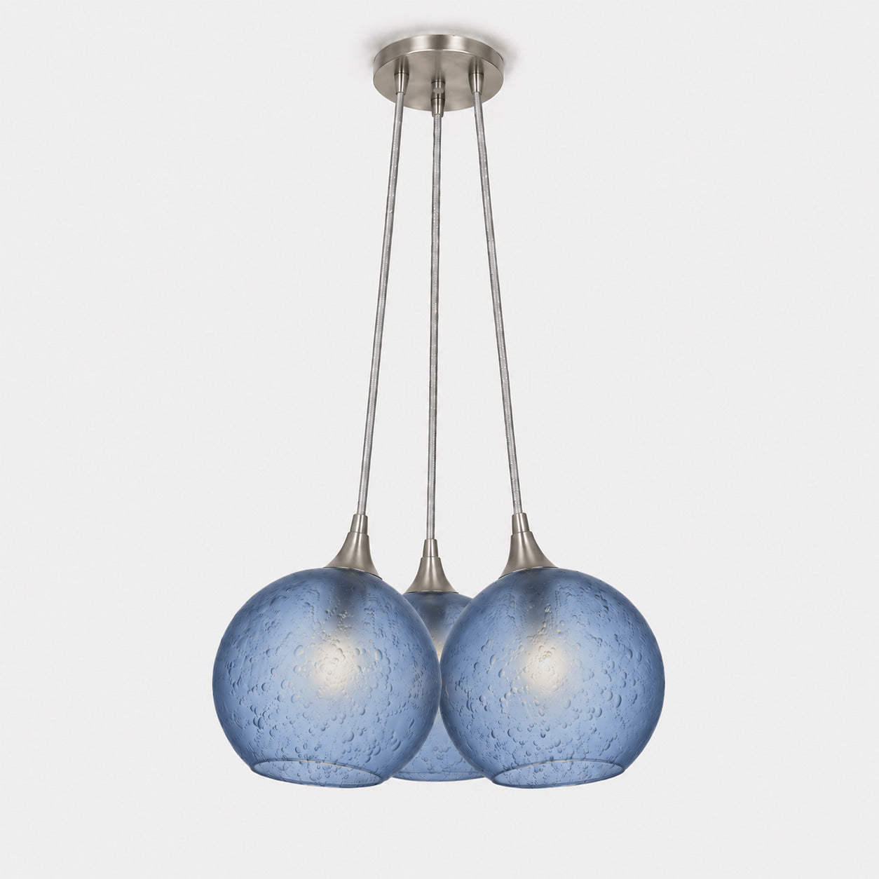 767 3 Cluster Chandelier-Glass-Bicycle Glass Co - Hotshop-Brushed Nickel - 4ft Cord-Celestial-Steel Blue-Bicycle Glass Co