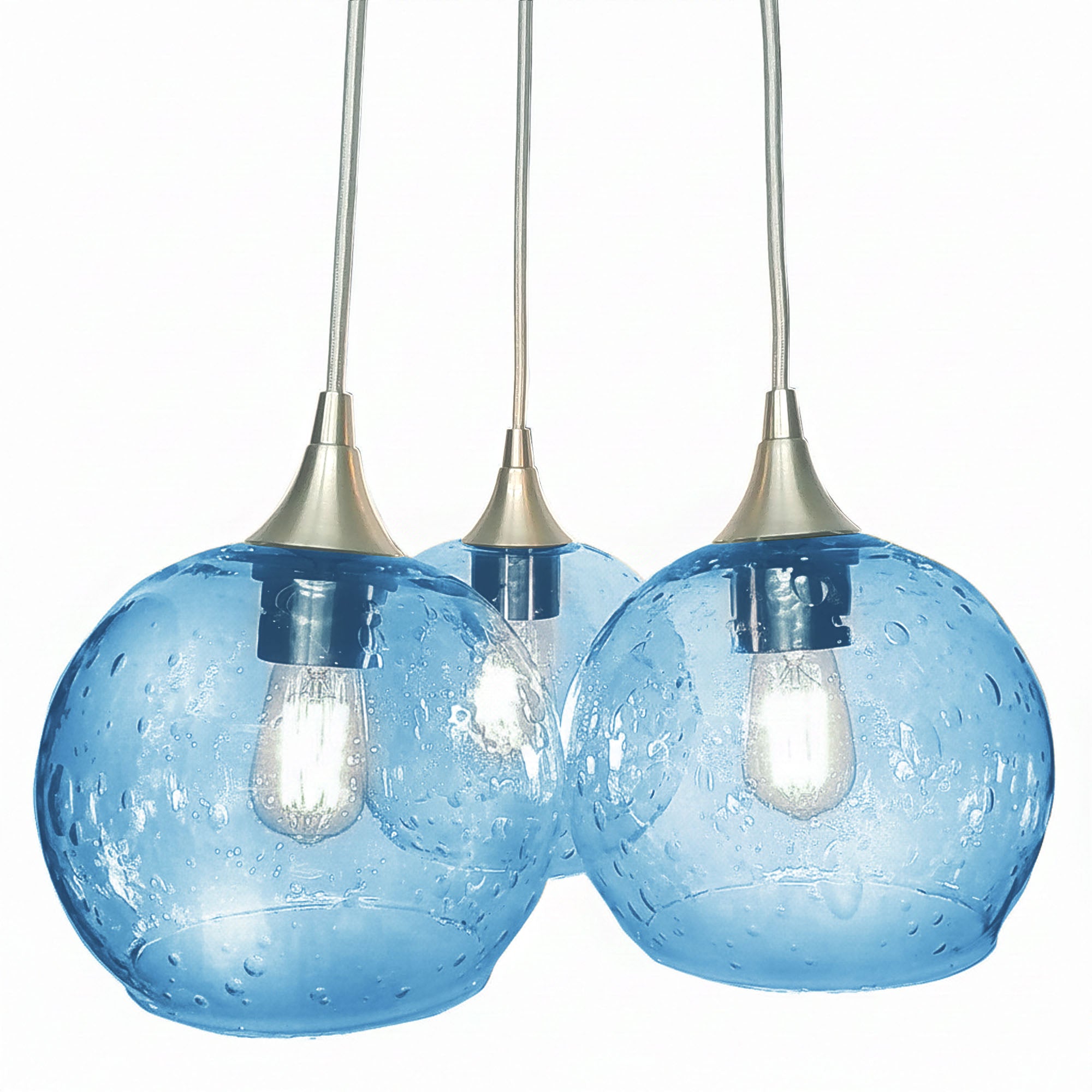 767 3 Cluster Chandelier-Glass-Bicycle Glass Co - Hotshop-Brushed Nickel - 4ft Cord-Lunar-Steel Blue-Bicycle Glass Co