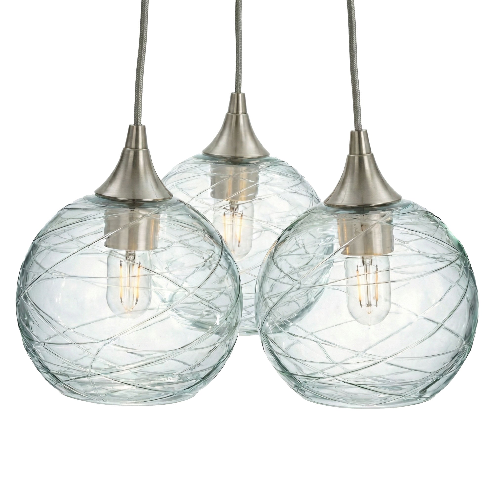 767 3 Cluster Chandelier-Glass-Bicycle Glass Co - Hotshop-Brushed Nickel - 4ft Cord-Spun-Eco Clear-Bicycle Glass Co