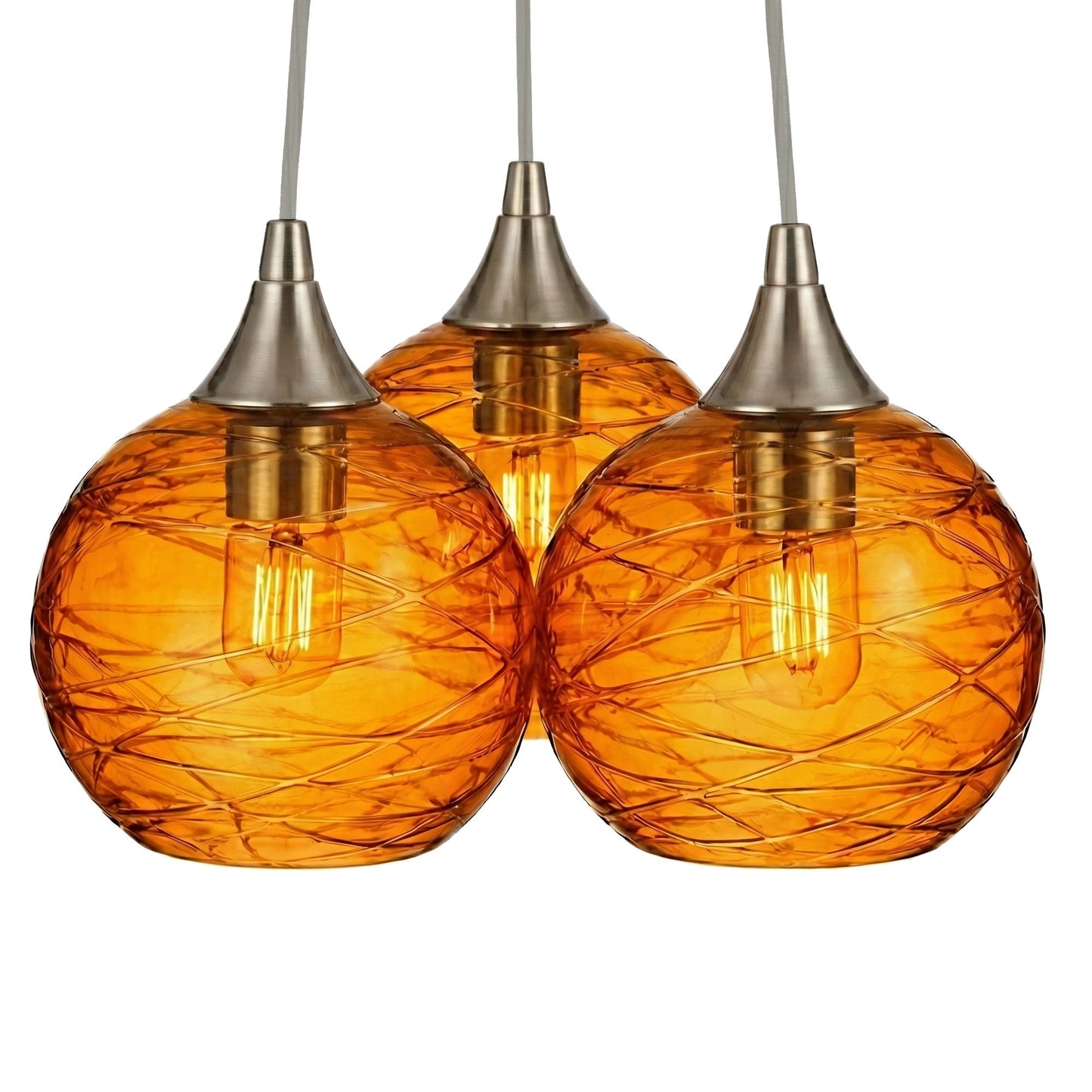 767 3 Cluster Chandelier-Glass-Bicycle Glass Co - Hotshop-Brushed Nickel - 4ft Cord-Spun-Golden Amber-Bicycle Glass Co