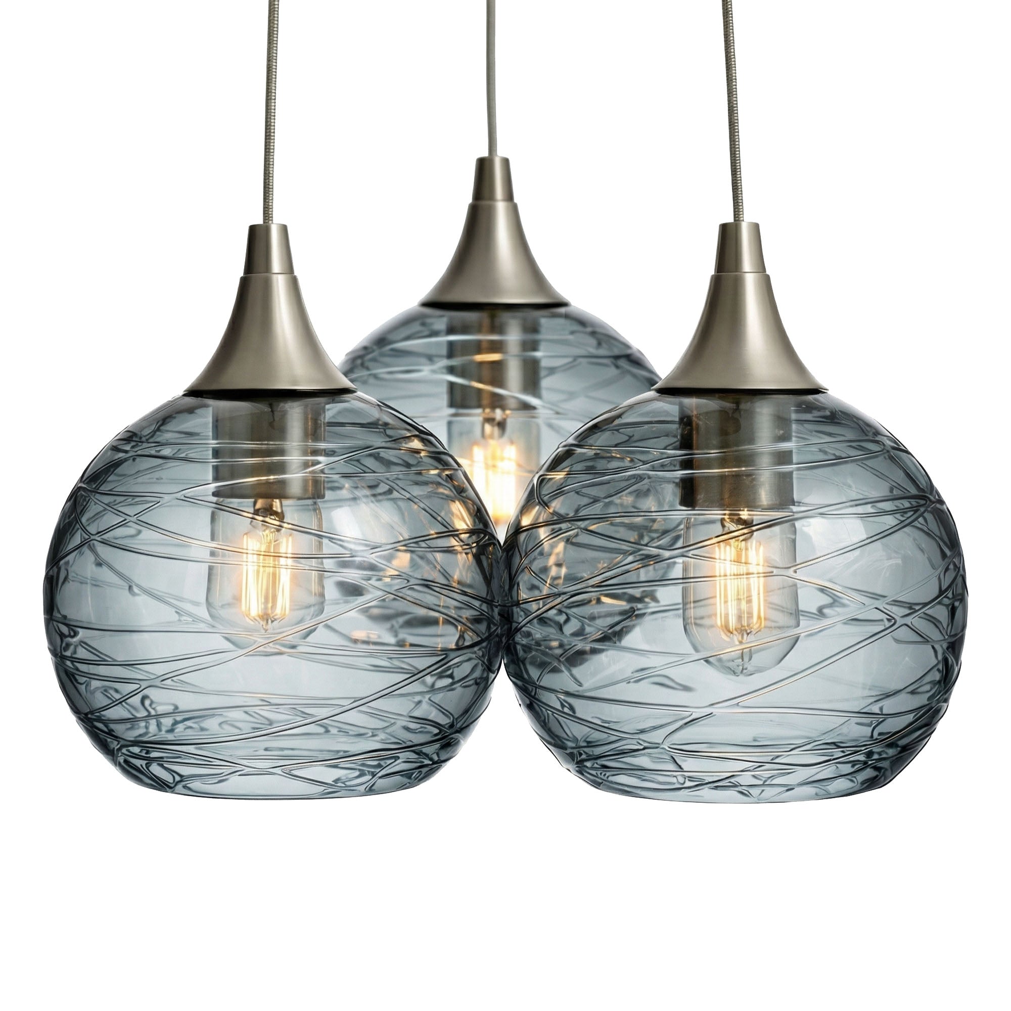 767 3 Cluster Chandelier-Glass-Bicycle Glass Co - Hotshop-Brushed Nickel - 4ft Cord-Spun-Slate Gray-Bicycle Glass Co