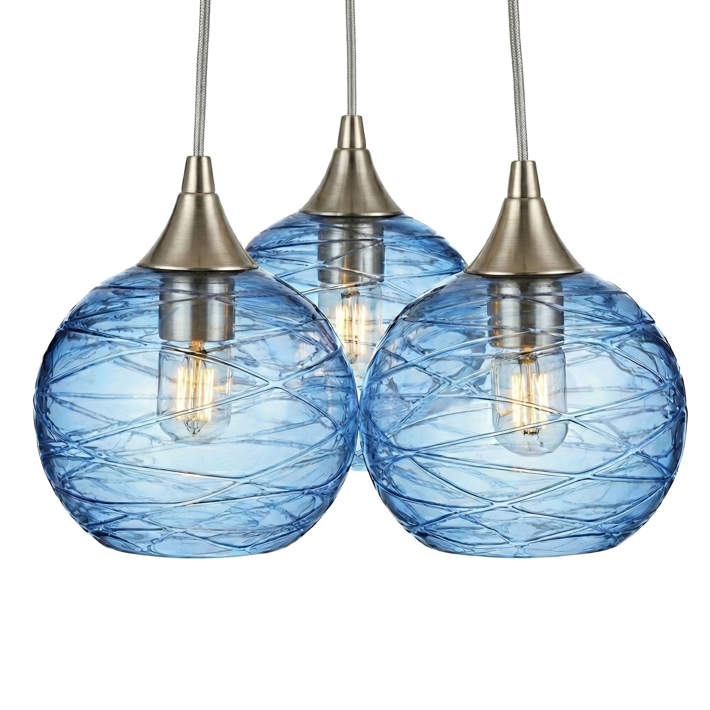 767 3 Cluster Chandelier-Glass-Bicycle Glass Co - Hotshop-Brushed Nickel - 4ft Cord-Spun-Steel Blue-Bicycle Glass Co